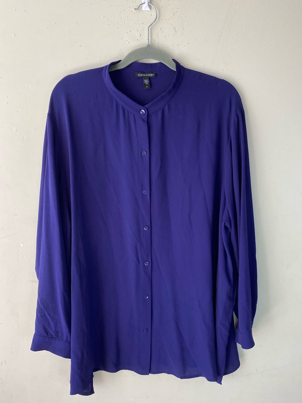Eileen Fisher 100% Silk Band Collar Button Down Shirt Deep Purple 1X Minimalist - Picture 2 of 11